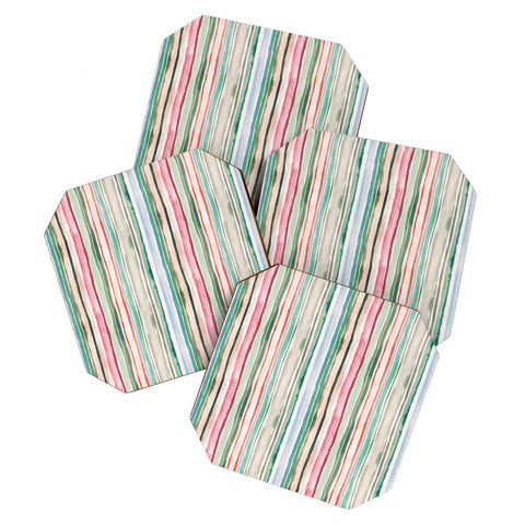 Ninola Design Botanic Retreat Watercolor Stripes Green Orange Red Coaster Set