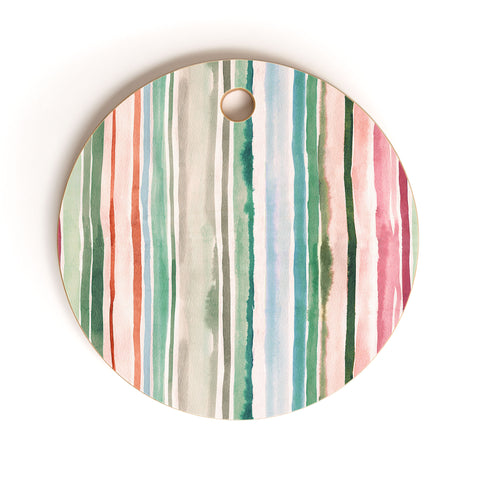 Ninola Design Botanic Retreat Watercolor Stripes Green Orange Red Cutting Board Round