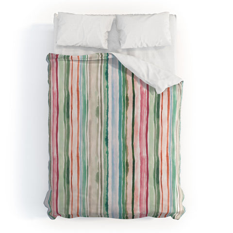 Ninola Design Botanic Retreat Watercolor Stripes Green Orange Red Duvet Cover