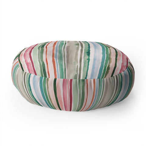 Ninola Design Botanic Retreat Watercolor Stripes Green Orange Red Floor Pillow Round