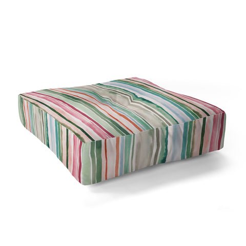 Ninola Design Botanic Retreat Watercolor Stripes Green Orange Red Floor Pillow Square