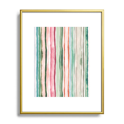 Ninola Design Botanic Retreat Watercolor Stripes Green Orange Red Metal Framed Art Print