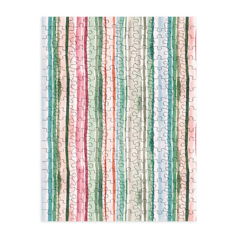 Ninola Design Botanic Retreat Watercolor Stripes Green Orange Red Puzzle