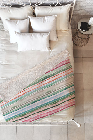 Ninola Design Botanic Retreat Watercolor Stripes Green Orange Red Fleece Throw Blanket