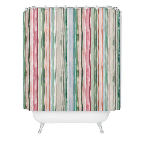 Ninola Design Botanic Retreat Watercolor Stripes Green Orange Red Shower Curtain