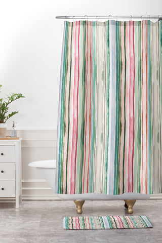 Ninola Design Botanic Retreat Watercolor Stripes Green Orange Red Shower Curtain And Mat