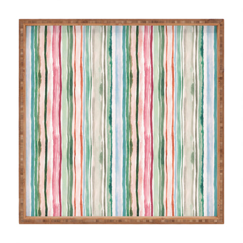 Ninola Design Botanic Retreat Watercolor Stripes Green Orange Red Square Tray
