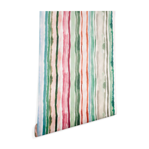 Ninola Design Botanic Retreat Watercolor Stripes Green Orange Red Wallpaper