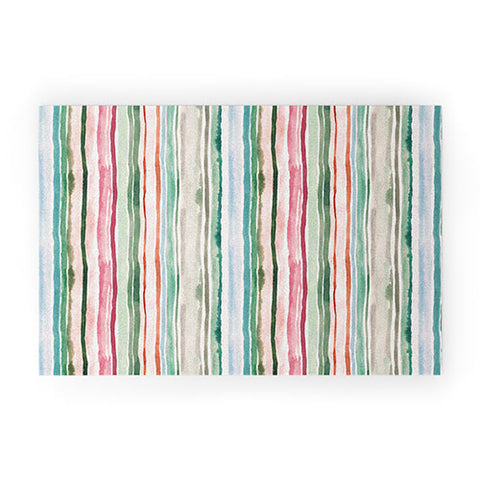 Ninola Design Botanic Retreat Watercolor Stripes Green Orange Red Welcome Mat