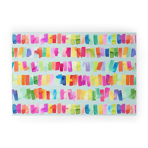 Ninola Design Brushstrokes Colorful Stripes Blue Welcome Mat