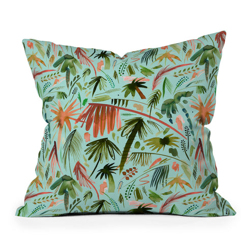 Ninola Design Brushstrokes Palms Turquoise Outdoor Throw Pillow
