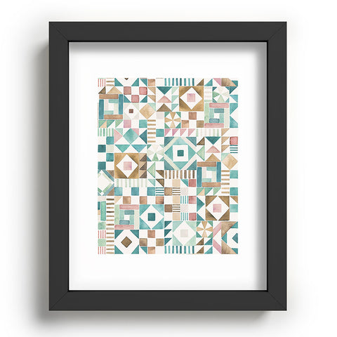 Ninola Design Charming Nostalgia Geometric Tiles Patchwork Aqua Pink Gold Recessed Framing Rectangle