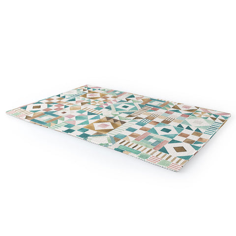 Ninola Design Charming Nostalgia Geometric Tiles Patchwork Aqua Pink Gold Area Rug