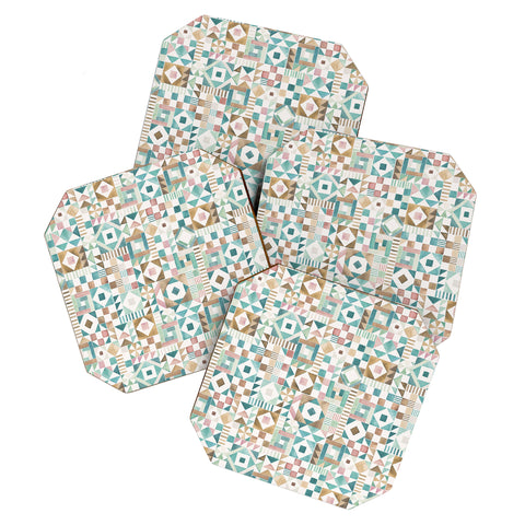 Ninola Design Charming Nostalgia Geometric Tiles Patchwork Aqua Pink Gold Coaster Set