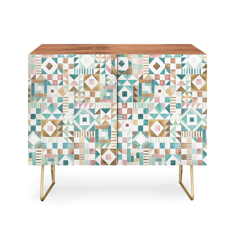 Ninola Design Charming Nostalgia Geometric Tiles Patchwork Aqua Pink Gold Credenza