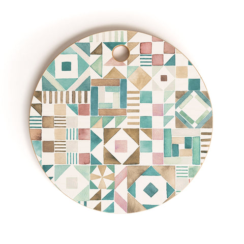 Ninola Design Charming Nostalgia Geometric Tiles Patchwork Aqua Pink Gold Cutting Board Round