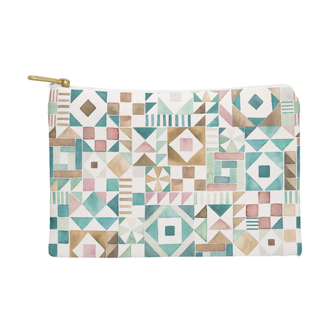 Ninola Design Charming Nostalgia Geometric Tiles Patchwork Aqua Pink Gold Pouch
