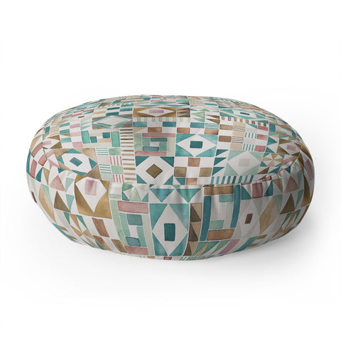 Ninola Design Charming Nostalgia Geometric Tiles Patchwork Aqua Pink Gold Floor Pillow Round