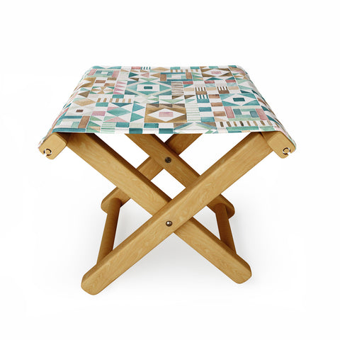 Ninola Design Charming Nostalgia Geometric Tiles Patchwork Aqua Pink Gold Folding Stool