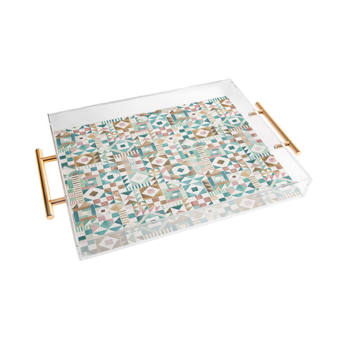 Ninola Design Charming Nostalgia Geometric Tiles Patchwork Aqua Pink Gold Acrylic Tray