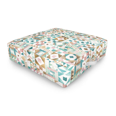 Ninola Design Charming Nostalgia Geometric Tiles Patchwork Aqua Pink Gold Outdoor Floor Cushion