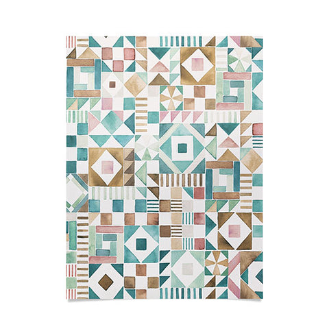 Ninola Design Charming Nostalgia Geometric Tiles Patchwork Aqua Pink Gold Poster