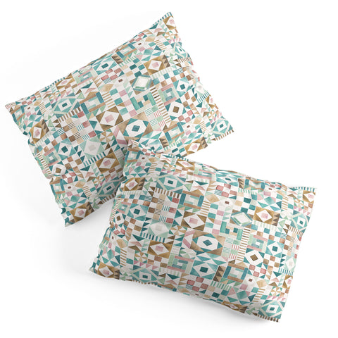Ninola Design Charming Nostalgia Geometric Tiles Patchwork Aqua Pink Gold Pillow Shams