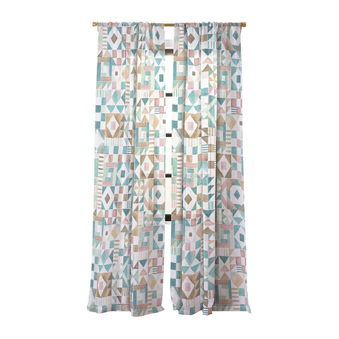 Ninola Design Charming Nostalgia Geometric Tiles Patchwork Aqua Pink Gold Sheer Non Repeat