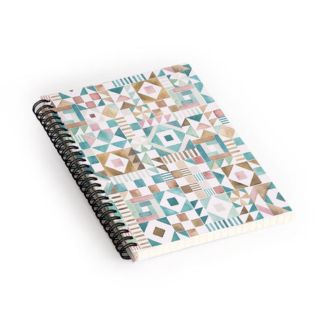 Ninola Design Charming Nostalgia Geometric Tiles Patchwork Aqua Pink Gold Spiral Notebook