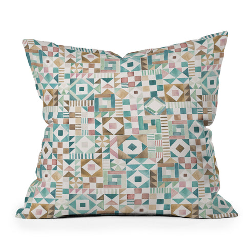 Ninola Design Charming Nostalgia Geometric Tiles Patchwork Aqua Pink Gold Outdoor Throw Pillow