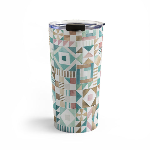 Ninola Design Charming Nostalgia Geometric Tiles Patchwork Aqua Pink Gold Travel Mug