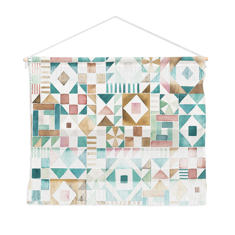 Ninola Design Charming Nostalgia Geometric Tiles Patchwork Aqua Pink Gold Wall Hanging Landscape