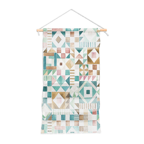 Ninola Design Charming Nostalgia Geometric Tiles Patchwork Aqua Pink Gold Wall Hanging Portrait