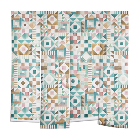 Ninola Design Charming Nostalgia Geometric Tiles Patchwork Aqua Pink Gold Wall Mural