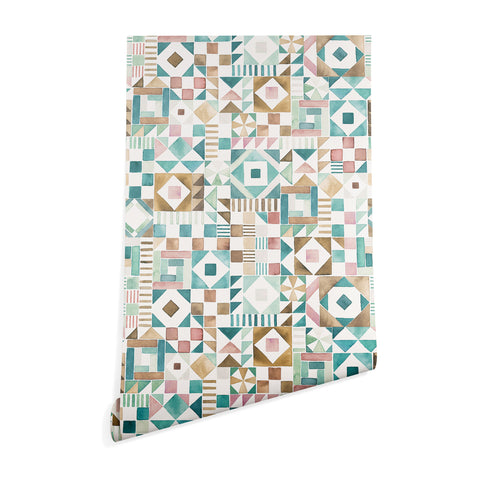 Ninola Design Charming Nostalgia Geometric Tiles Patchwork Aqua Pink Gold Wallpaper