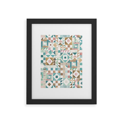Ninola Design Charming Nostalgia Geometric Tiles Patchwork Aqua Pink Gold Framed Art Print