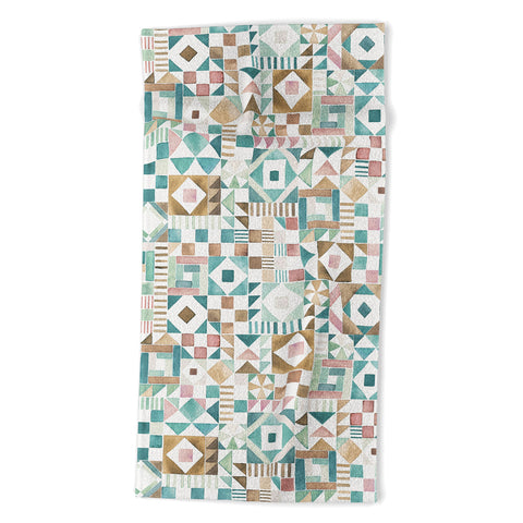 Ninola Design Charming Nostalgia Geometric Tiles Patchwork Aqua Pink Gold Beach Towel