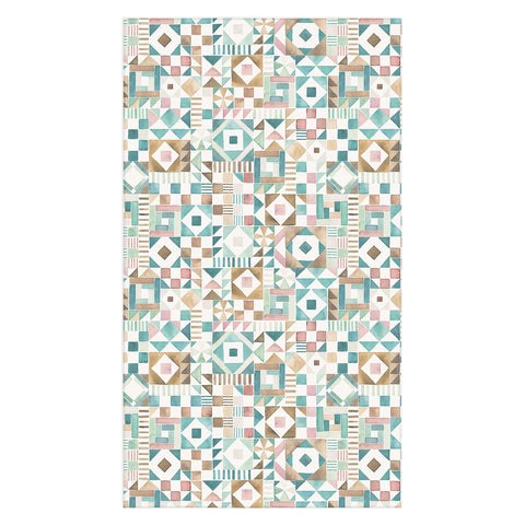Ninola Design Charming Nostalgia Geometric Tiles Patchwork Aqua Pink Gold Tablecloth