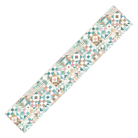 Ninola Design Charming Nostalgia Geometric Tiles Patchwork Aqua Pink Gold Table Runner