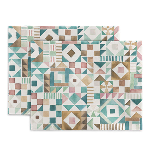 Ninola Design Charming Nostalgia Geometric Tiles Patchwork Aqua Pink Gold Placemat
