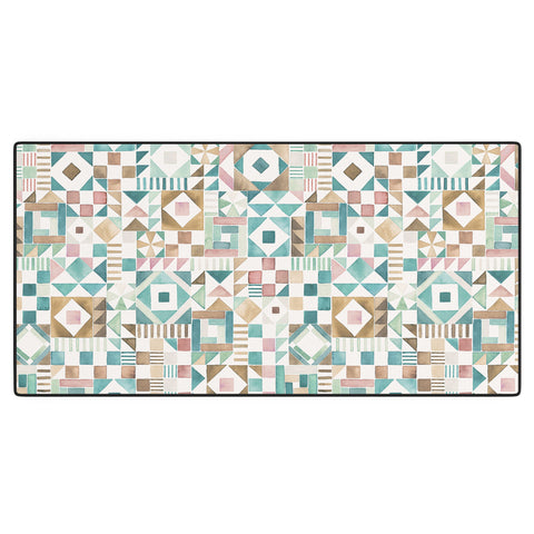 Ninola Design Charming Nostalgia Geometric Tiles Patchwork Aqua Pink Gold Desk Mat