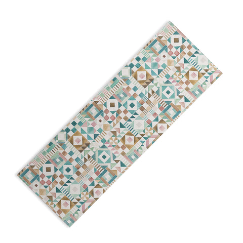 Ninola Design Charming Nostalgia Geometric Tiles Patchwork Aqua Pink Gold Yoga Mat