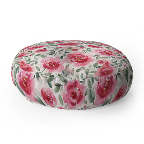 Ninola Design Charming Nostalgia Soft Romantic Roses Watercolor Red Green Floor Pillow Round