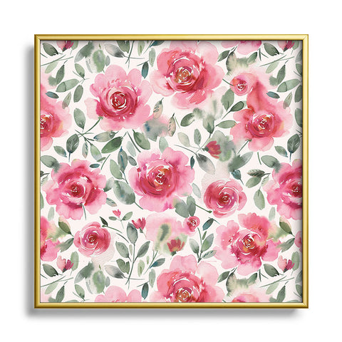 Ninola Design Charming Nostalgia Soft Romantic Roses Watercolor Red Green Square Metal Framed Art Print