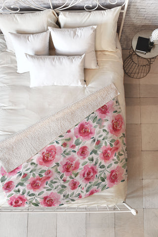 Ninola Design Charming Nostalgia Soft Romantic Roses Watercolor Red Green Fleece Throw Blanket