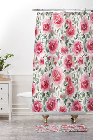 Ninola Design Charming Nostalgia Soft Romantic Roses Watercolor Red Green Shower Curtain And Mat