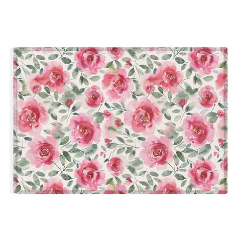 Ninola Design Charming Nostalgia Soft Romantic Roses Watercolor Red Green Outdoor Rug