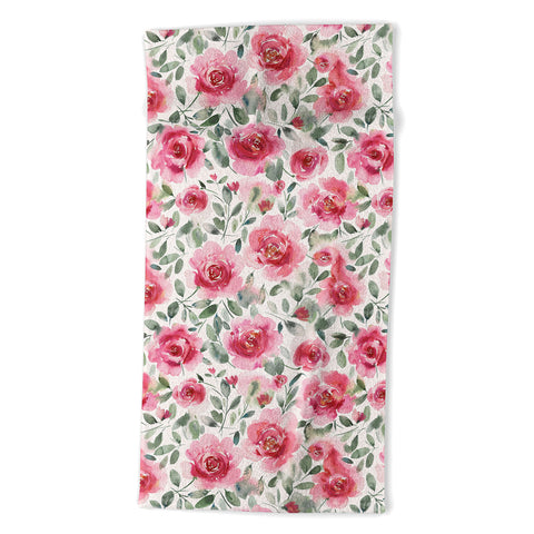 Ninola Design Charming Nostalgia Soft Romantic Roses Watercolor Red Green Beach Towel