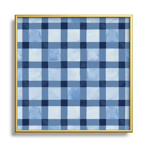 Ninola Design Checker Mosaic Navy Blue Square Metal Framed Art Print