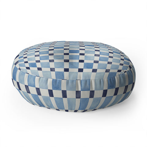 Ninola Design Checkerboard Mosaic Squares Blue Floor Pillow Round